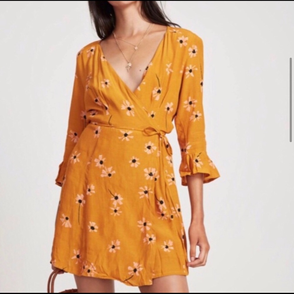 Faithfull the brand yellow ruffle wrap dress